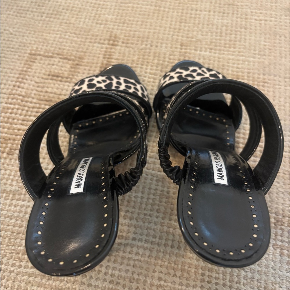 Manolo Blahnik Black Calf Hair Sandals with Black & White Leopard Straps - Picture 2 of 6